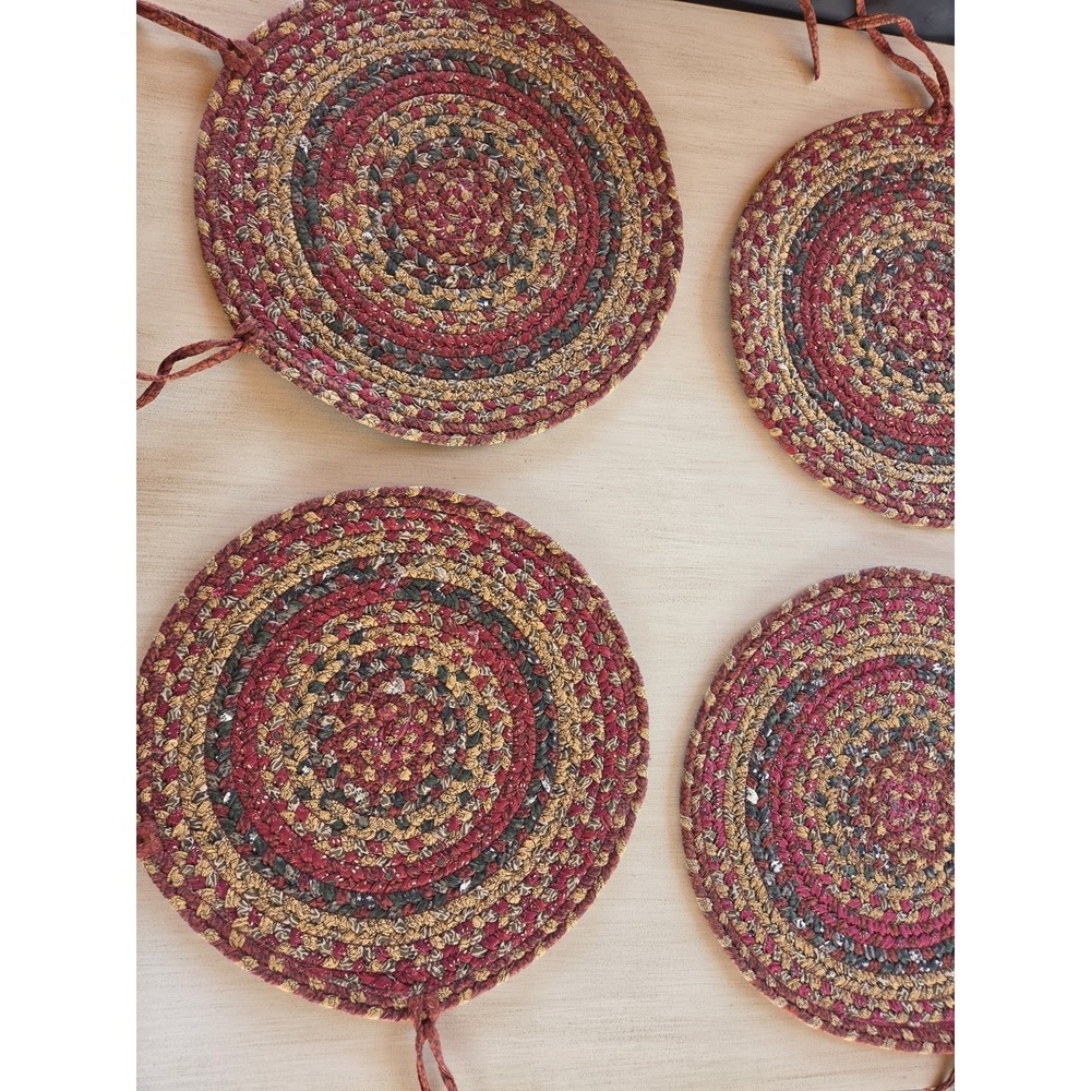 Vintage Braided Chair Pads with Ties Set Of 4 Natural Jute Primative Farm 15"